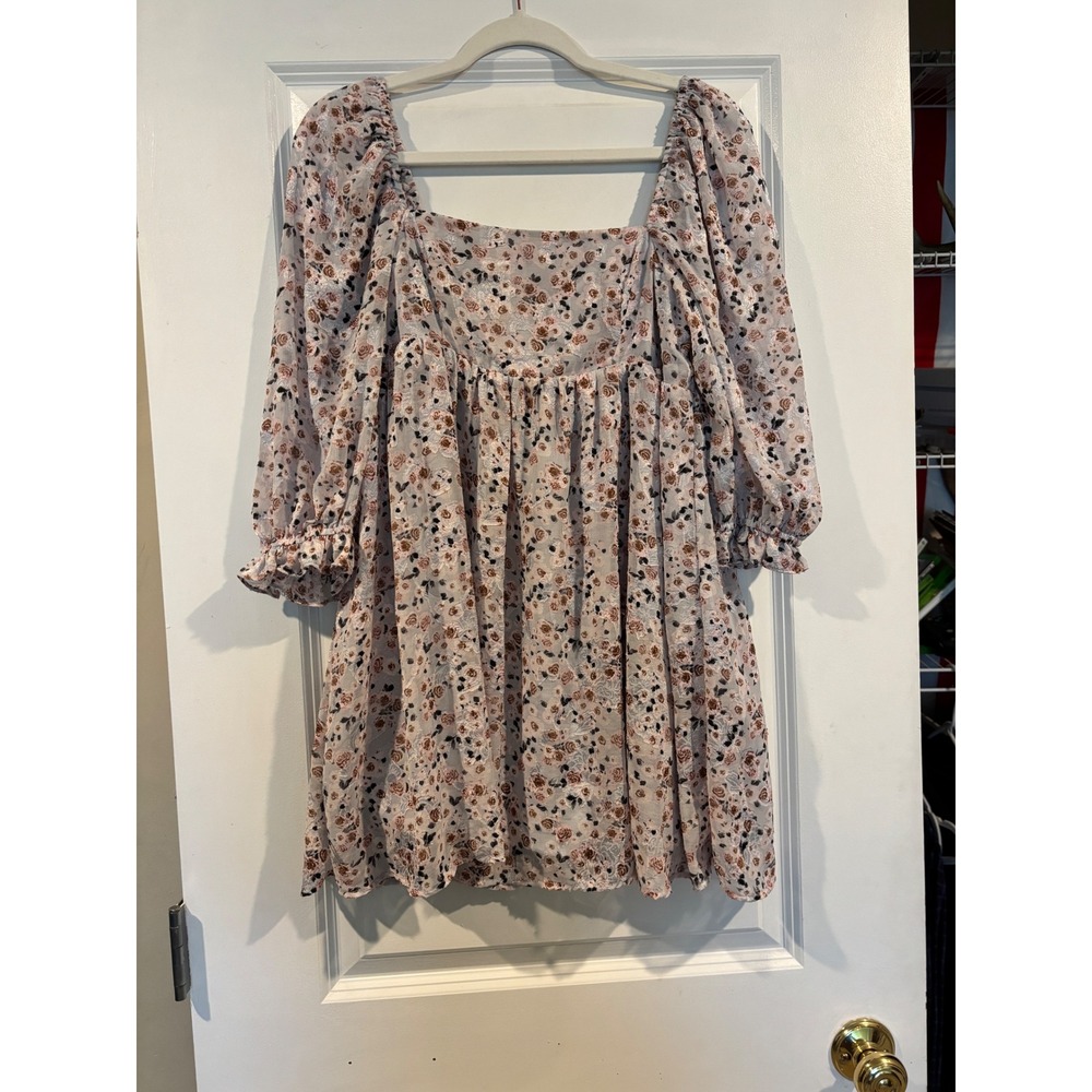 Blue Rain Floral Jacquard Babydoll Dress Blue Pink Metallic Puff Sleeve Medium